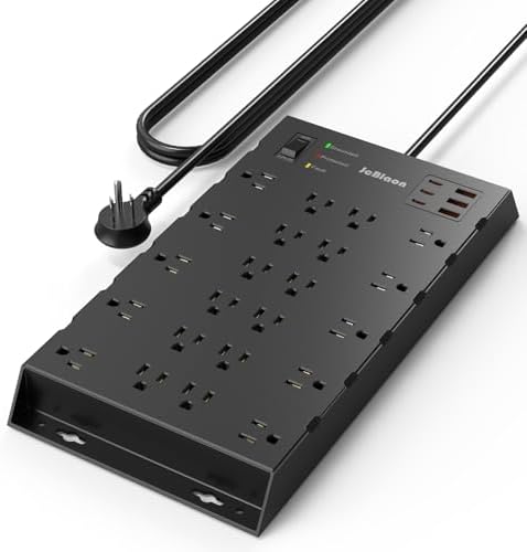 22 Outlets & 6 USB Big Power Strip, Jcblaon Surge Protector with 3USB C & 3USB A Charging Ports, 6.5ft Flat Plug Heavy Duty Extension Cord(1875W/15A)，2100J, 14AWG,Wall Mountable for Garden,Shed, Black