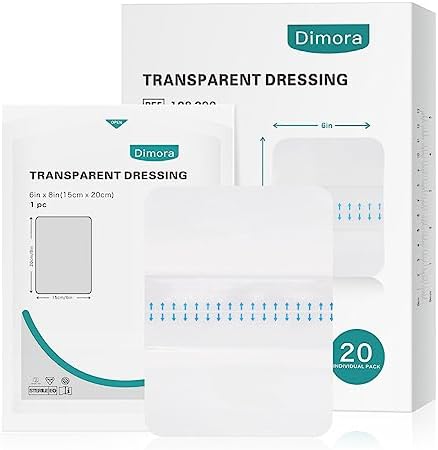 Dimora Transparent Film Dressing 6x8 inch 20 Packs with Hypoallergenic Adhesive, Large Waterproof Wound Bandages Post Surgical for Swimming, Tattoo Aftercare Bandage, IV Shield