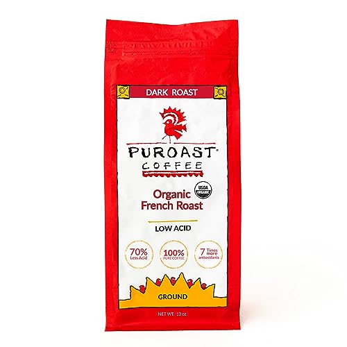 Puroast Low Acid Coffee Ground | Organic French Roast Ground | Dark Roast | High Antioxidants & High pH |No Bitter Aftertaste | Reduced Heartburn & GERD | Suitable for Cold Brew - 12 oz