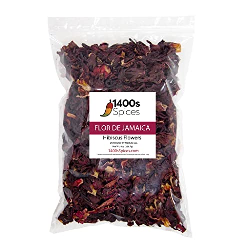 8oz Dried Hibiscus Flowers perfect for Tea and Mexican Agua Fresca, Flor de Jamaica, Whole Flowers and Petals by 1400s Spices
