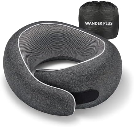 WANDER PLUS® Travel Neck Pillow, Pure Memory Foam Neck Pillow for Airplanes, Comfortable Breathable Cover, 360 Degree Support Ergonomic Design Best for Sleeping Plane Train Travel Essentials Max Black