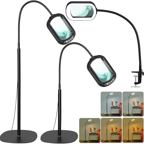 Drdefi 10X Rectangular Magnifying Glass with Light and Stand, 24" Flexible Gooseneck Floor Lamp, 5 Color Modes Stepless Dimmable, 3-in-1 LED Lighted Magnifier Light Hands Free for Reading Craft Sewing