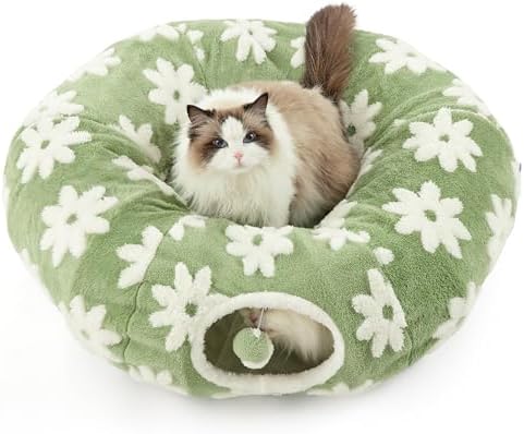 Lesure Cat Tunnel Bed for Indoor - Cute Cat Donut Tunnel with Washable Circle Cushion, Round Pet Peekaboo Cave Toy for Kitten/Puppy/Rabbit, Green