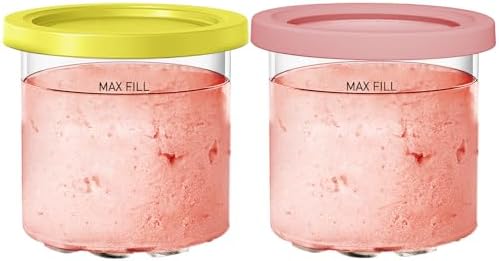 For Ninja Creami NC299AMZ & NC300s Series Ice Cream Makers, Dishwasher Safe, 16 oz Pints with Lid, 2 Pack (Yellow/Pink)