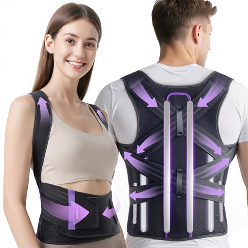 2025 New Posture Corrector for Women & Men, [Enhanced Support & Breathable Mesh] Upgraded Back Brace, Adjustable Shoulder Straightener for Neck Back Pain Relief, Scoliosis Improvement(Black Purple,M)