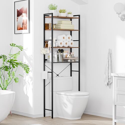 SUPER DEAL Over The Toilet Storage Shelf, 4-Tier Bathroom Organizer Space Saver Rack Wood Shelf, Rustic Brown
