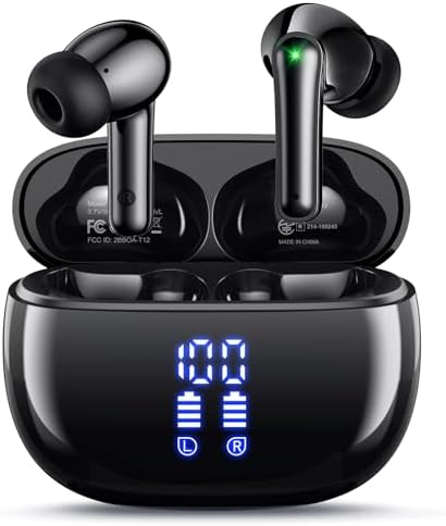 Wireless Earbuds Bluetooth Headphones, Ear Buds with Deep Bass, 40H Long Playtime, Power Display, IPX7 Waterproof in Ear Earphone with Mic for Phone Tablet Sports Workout, Black