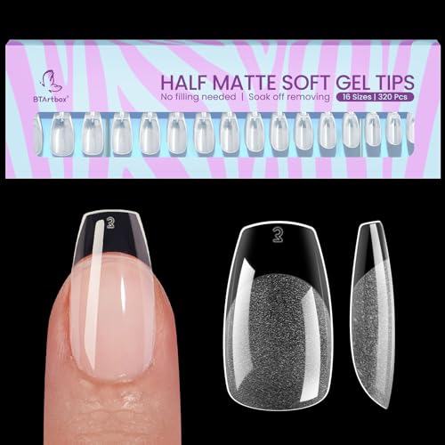 BTArtbox Short Coffin Fake Nails - 320pcs Short Nail Tips Pre-shape Half Matte Soft Gel Tips, Full Cover Clear Acrylic False Nails fot Nail Extension Home DIY Nail Salon