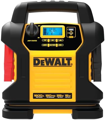 DEWALT DXAEJ14-Type2 Digital Portable Power Station Jump Starter - 1600 Peak Amps with 120 PSI Compressor, AC Charging Cube, 15W USB-A and 25W USB-C Power for Electronic Devices