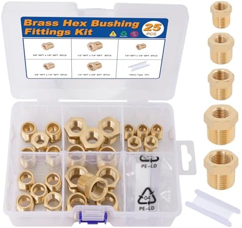 KOOTANS 25PCS Brass Hex Bushing Kit Brass Pipe Fittings 1/4" to 1/8"NPT, 3/8" to 1/8"NPT, 3/8" to 1/4"NPT, 1/2" to 1/4"NPT, 1/2" to 3/8"NPT Reducer Pipe Adapter Fitting