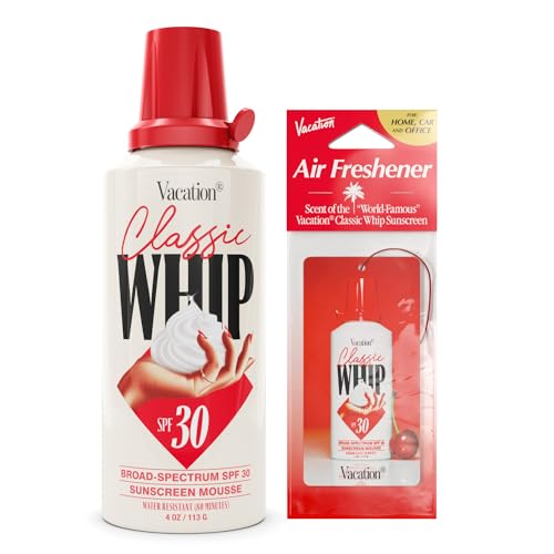 Vacation Classic Whip SPF 30 & Air Freshener Bundle, Whipped Sunscreen Mousse, Water-Resistant, Hydrating, "Lighter-Than-Air" Feel, Dermatologist-Tested, Vegan, 4 Oz.
