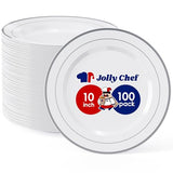 JOLLY CHEF 100 Pieces Silver Plastic Plates, 10 Inch Disposable Plates White Plate with Silver Rim, Heavy Duty Plastic Plates for Dinner, Birthdays and Weddings