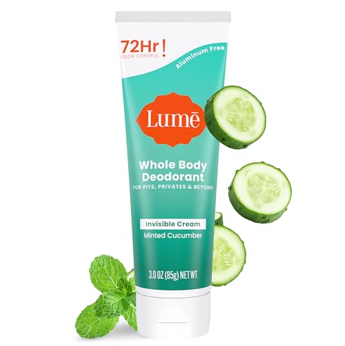 Lume Whole Body Deodorant - Invisible Cream Tube - 72 Hour Odor Control - Aluminum Free, Baking Soda Free, Skin Safe - 3.0 ounce (Minted Cucumber)