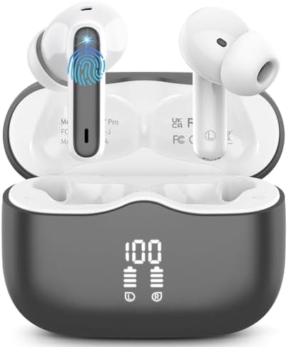 Wireless Earbuds, Bluetooth 5.3 Headphones in Ear with 4 ENC Noise Cancelling Mic, HiFi Stereo Deep Bass Wireless Earphones 40Hrs, in-Ear Earbud Bluetooth Dual LED Display IP7 Waterproof, Dark Gery
