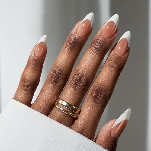 BTArtbox French Tip Press On Nails - Medium Press On Nails Almond, Natural Fake Nail with Nail Glue, Brown Glue On Nails in 15 Sizes - 30 Fake Nails Kit