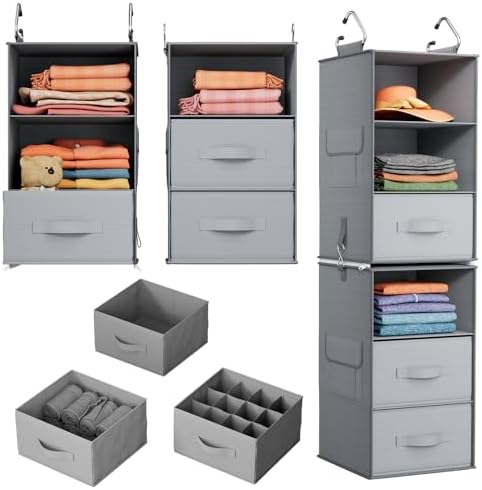 Pipishell 6-Shelf Hanging Closet Organizer, Closet Hanging Shelves with 2 Separable 3-Tier Shelves, Closet Storage Organizer with 3 Removable Drawers for Bedroom, Dorm Room, Camper and Nursery (Gray)