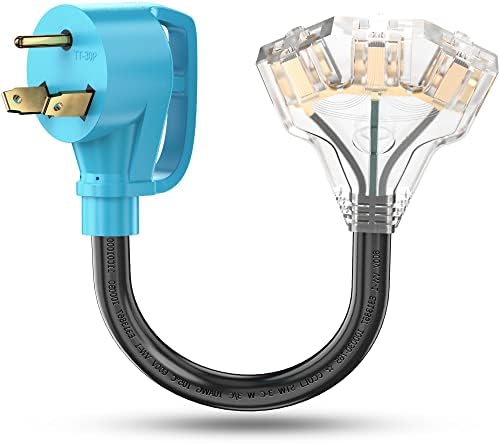 CircleCord 30 Amp to 110V RV/Generator Distribution Adapter Cord, NEMA TT-30P Male to 3X 5-15R/5-20R T-Blade Household Outlet Female with LED Power Indicator 3750W