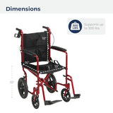 Drive Medical EXP19LTRD Lightweight Expedition Folding Transport Wheelchair with Hand Brakes, Red
