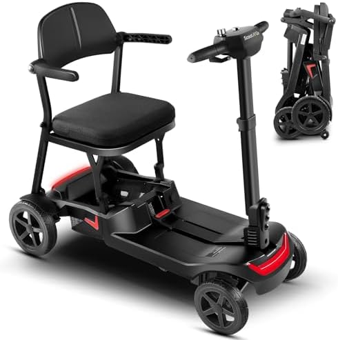 4 Wheel Mobility Scooter for Adults & Seniors Electric Powered Lightweight Foldable 5 MPH Speed 15 Miles Range Two Removable Batteries Airline Approved (Black Red, Standard)