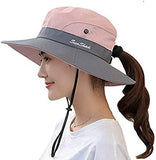 Women's Summer Sun-Hat Ponytail - Outdoor UV-Protection Mesh Wide Brim Foldable Hat with Ponytail Hole (Pink)