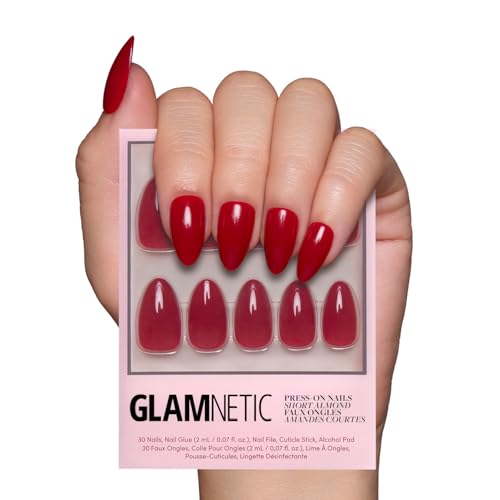 Glamnetic Press On Nails - Classic Red | Opaque Cool Tone, Timeless Red Short Almond False Nails, Reusable Stick On Fake Nails with Glue | Salon Quality | 15 Sizes - 30 Nail Kit