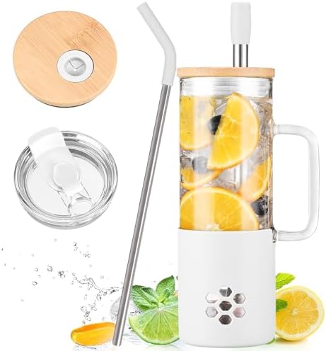 MUKOKO 20 oz Glass Tumbler with Handle and 2 Lids - Bamboo Lid & On the Go Lid, Glass Water Bottle with Straw, Pearl Milk Tea & Drinking Straw Smoothie Cups with Silicone Sleeve BPA Free - White