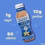 Quest Nutrition Iced Coffee, Vanilla Latte, 1g of Sugar, 10g of Protein, 90 calories, 200mg of caffeine, 12 Count