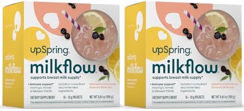 UpSpring Milkflow Immune Support Breastfeeding Supplement Drink Mix Fenugreek-Free, Moringa | Elderberry Lemonade Flavor | Lactation Supplement to Support Breast Milk Supply | 2 Pack