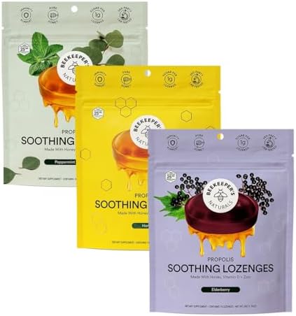 Beekeeper's Naturals Soothing Honey Cough Drops 3 Flavors Pack,Honey,Peppermint & Elderberry Sore Throat Relief Soothing Lozenges with Zinc,Propolis & Vitamin D,42 Ct