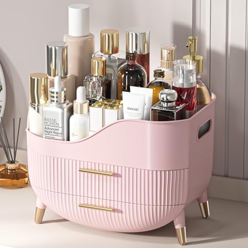 Makeup Organizer for Vanity, Large Capacity Skincare Cosmetic Organizer Countertop with 2 Drawers, Cosmetic Display Cases Makeup Storage Box for Bedroom, Bathroom, Ideal Gifts for Women(Pink)