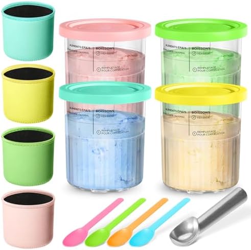 Containers Replacement for Ninja Creami Pints and Lids, 24oz Ice Cream Cups Compatible with Ninja Creami NC500 NC501 Series Maker, for Ninja Ice Cream with Insulated Sleeves(4 Pack)