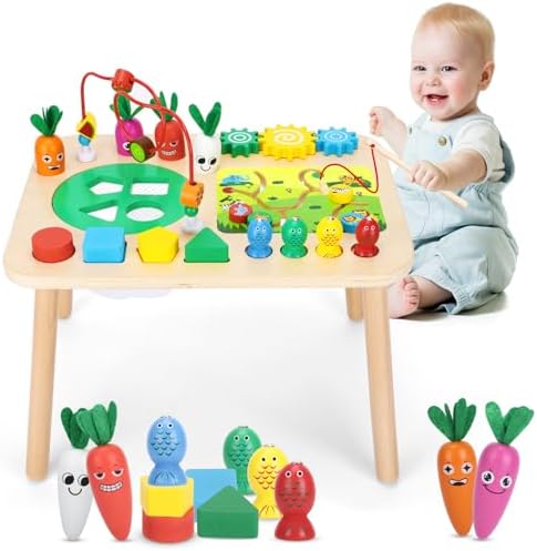 Activity Table for 1+ Year Old Girls Boys, 7-in-1 Wooden Montessori Toys, Activity Center, Baby Toddler Sensory Toys Kids First Birthday Gift
