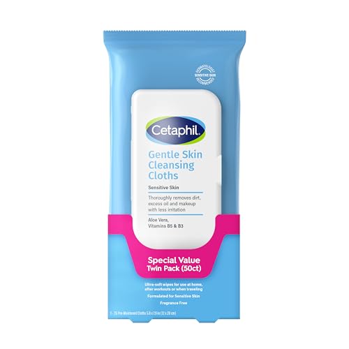 Cetaphil Face and Body Wipes, Gentle Skin Cleansing Cloths, 50 Count, Twin Pack, for Dry, Sensitive Skin, Flip Top Closure, Great for the Gym, Travel, in the Car, Hypoallergenic, Fragrance Free