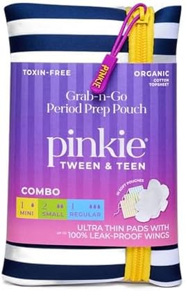 First Period Pinkie Prep - Pouch with 4 Ultra Thin Organic Cotton Topsheet Pads - Mini, Small and Regular Size Pads with Wings - Grab-n-Go Period Travel Kit - Fragrance and Chlorine-Free