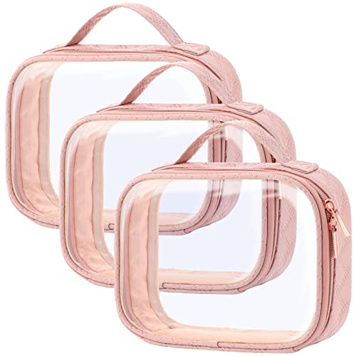 PACKISM TSA Approved Toiletry Bag, 3 Pack Clear Makeup Bags with Handle Large Opening Fit Carry-on Travel Essentials, Quart-sized for Toiletries, Rose Pink