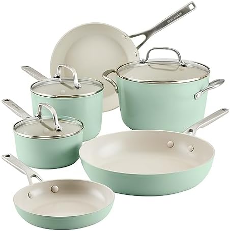 KitchenAid Hard Anodized Ceramic 9-Piece Nonstick Cookware Set – Includes Fry Pans, Saucepan, Stockpot, Durable, Even Heating, Oven Safe to 500°F, Pistachio