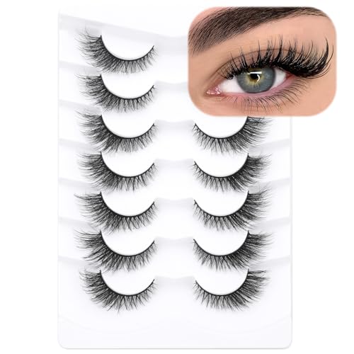 False Eyelashes Cat Eye Lashes Natural Fluffy Eyelashes Wispy Strip Lashes Mink Volume Fake Eyelashes 7 Pairs Natural Lashes Cat Eye ALICROWN