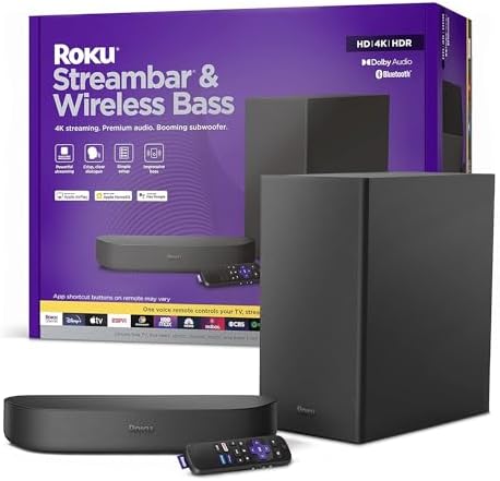 Roku Streambar & Wireless Bass Premium 4K HDR Soundbar with Subwoofer, Voice Remote, Free & Live TV Streaming