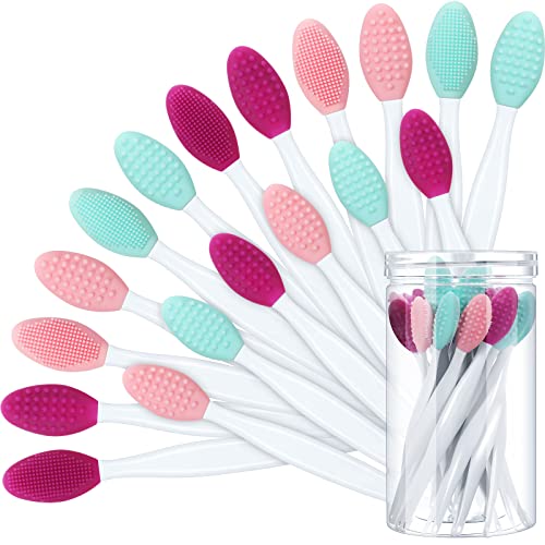 Patelai 24 Pcs Silicone Exfoliating Lip Brush with Container, Double Sided Silicone Lip Scrubber Soft Cleaning Brush Face Cleaning Applicator for Plump Smoother Lip Appearance(Pink, Green, Purple)