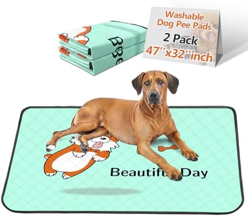 Washable Pee Pads for Dogs 47x32in 2-Pack Thick Reusable Puppy Pads Extra-Absorbent Prevent Leakage Non-Slip for Puppy Playpen, Crate, Whelping Box, Potty Training Reusable,Blue