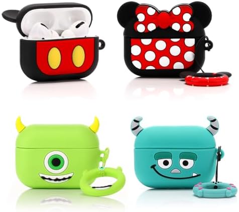(4Pack) Case for AirPods Pro 2nd/1st Generation (2022/2019) with Carabiner, Suublg Cute Skin Design Silicone Cartoon Charging Case Protective Covers for Boys Girls (MN+MC+MrQ+Monster)