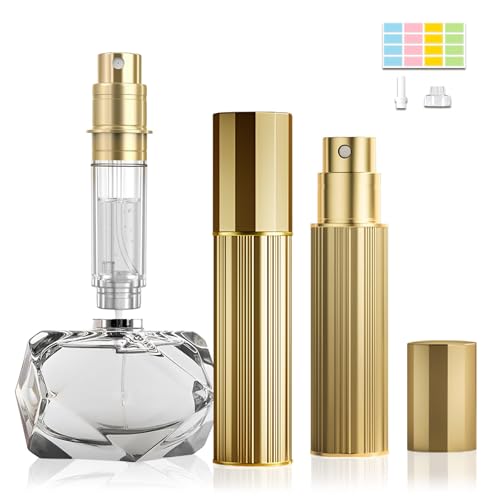 2PCS 10ml Travel Perfume Atomizer Refillable, Bottom-Filling, Portable Fragrances Cologne Spray Bottle Empty, 0.34oz Travel Sprayer Perfume for Women, Men, Gift (Gold＆Gold)