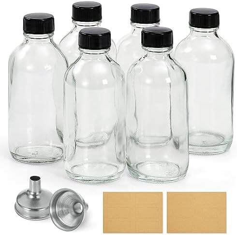 6 Pack, 4 oz Small Clear Glass Bottles with Lids & 2 Stainless Steel Funnels - 120ml Boston Sample Bottles for Potion, Juice, Wellness, Ginger Shots, Whiskey, Liquids - Mini Travel Essential Bottles