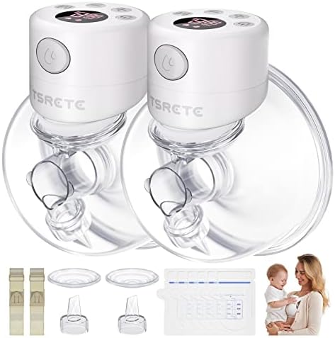 TSRETE Breast Pump, Double Wearable Breast Pump, Electric Hands-Free Breast Pumps with 2 Modes, 9 Levels, LCD Display, Memory Function Rechargeable Double Milk Extractor-27mm Flange, White