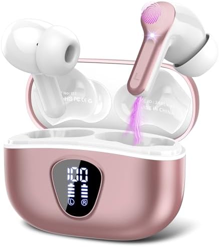 Wireless Earbuds, Bluetooth 5.3 Headphones HiFi Stereo, Bluetooth Earbuds with ENC Noise Cancelling Mic, IP7 Waterproof in Ear Earphones, 48H, LED Display Ear buds for Phones Workout Sports, Rose Gold