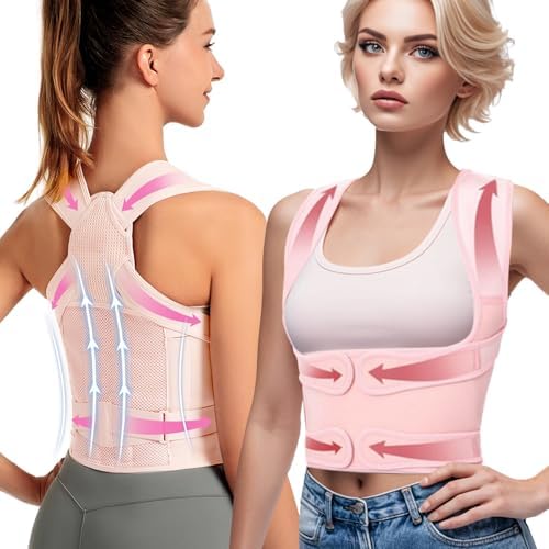 Posture Corrector for Women and Men,Adjustable Full Back Brace and Shoulder Straightener,for Back Pain Relief,Hunchback Correction,Scoliosis,Posture Trainer（Pink, large）