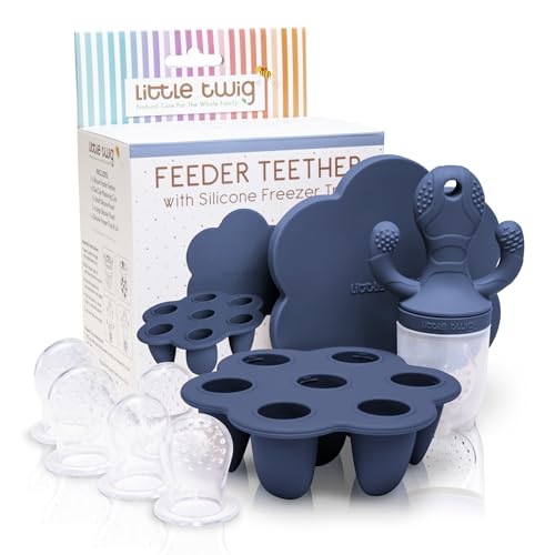 Little Twig Baby Fruit Feeder Pacifier Teether | Baby Food Freezer Tray with Lid | BPA Free Silicone Freezable Teether | Feeding Set for Breast Milk Ice Cubes, Baby Food, Fruit Purees (Steel Blue)