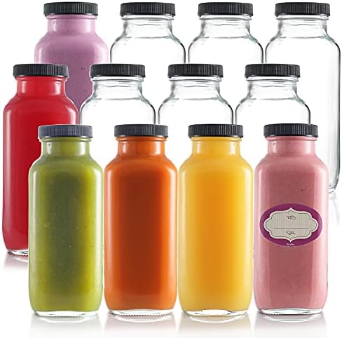 DilaBee 12-Pack Glass Juice Bottles with Lids - 16 oz Glass Bottles with Lids for Juice, Smoothie, Milk & Kombucha, Reusable Glass Water Bottles with Caps - Bulk Glass Bottles for Juicing BPA Free