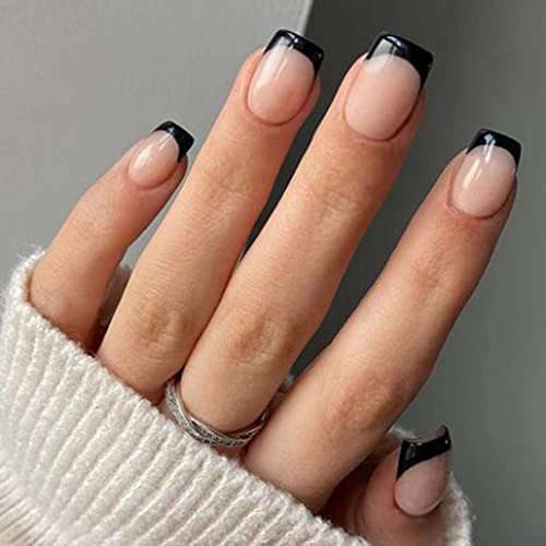 French False/Fake Nails Tips Square Press on Short Nude Women's Black Daily Wear Artificail Nails for Nail Art Manicure Decoration (Black)