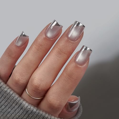 BTArtbox French Tip Press On Nails - Metallic French Tip Cat Eye Short Square Press On Nails with Glue for Women, Opaque Soft Gel Glue On Nails in 16 Sizes - 32 Stick On Nails Kit, Gleaming